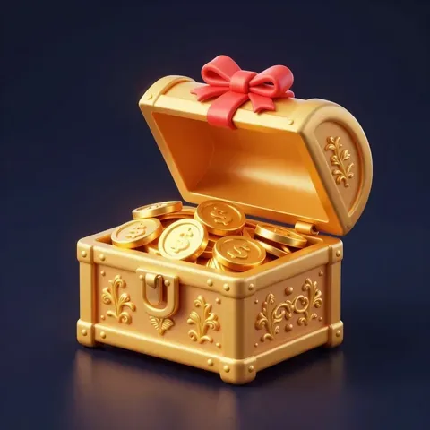 打開的金色寶箱裝滿金幣，箱蓋上綁著紅色蝴蝶結