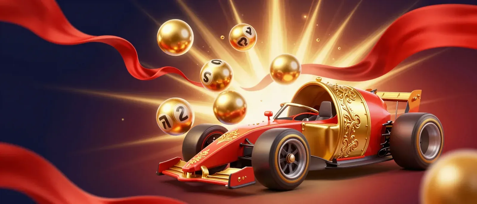 金色號碼球在光芒中彈出,右側是紅金配色的賽車