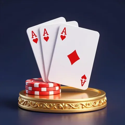 三張撲克牌立在紅色籌碼與金色底座上