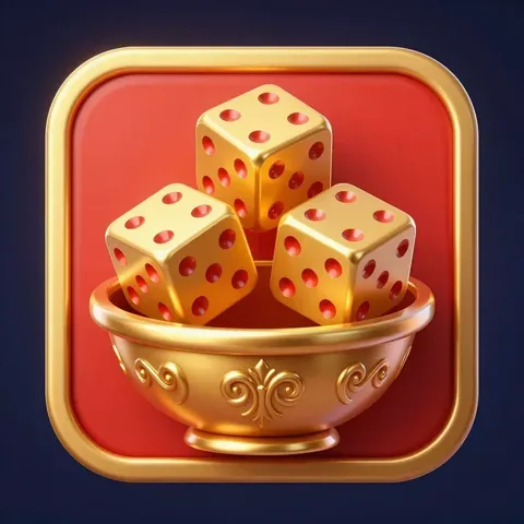 三顆金色骰子帶紅色點數，放在刻花的金碗上