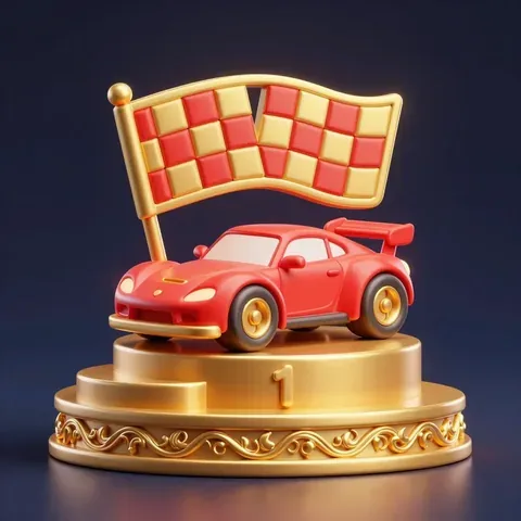 紅色賽車停在金色頒獎台上,後方是紅金格紋旗