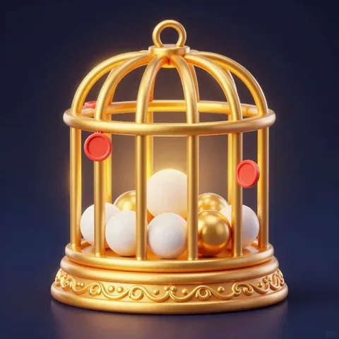 金色號碼籠裡有白色與金色球,籠外掛著紅色籌碼